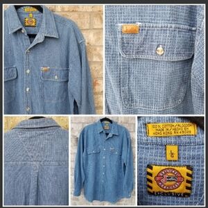Vintage Justin Blue Check Denim Western Rodeo Chore WorkShirt (Men L)